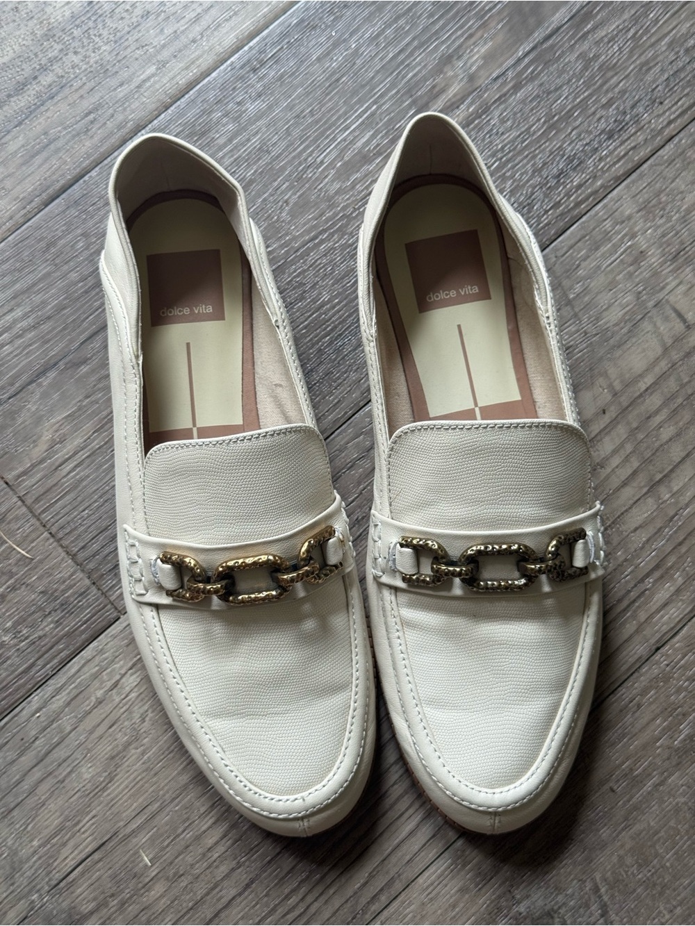 Dolce Vita Cream Slip-On Loafers with Gold Chain Trim